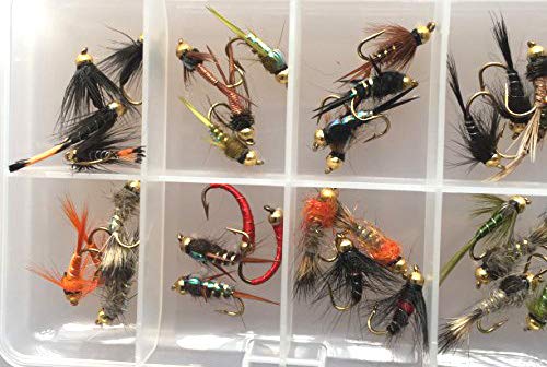 BestCity Fliegenfischen, Nymphe, Perlenkopf-Auswahl, 32 Fliegen zum Forellenangeln, inklusive Clip-Verschluss-Fliegenbox #341 von BestCity