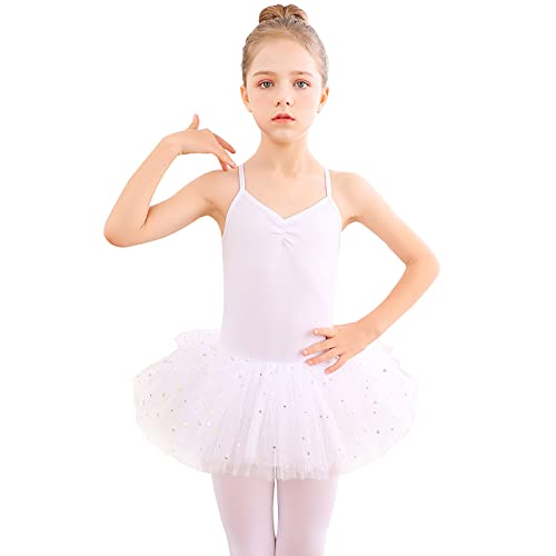 Bezioner Kinder Ballettkleidung Tütü Ballettkleid Mädchen Baumwolle Balletttrikot Ballettanzug Tanzbody Tanzkleid mit Rock Weiß 130 von Bezioner