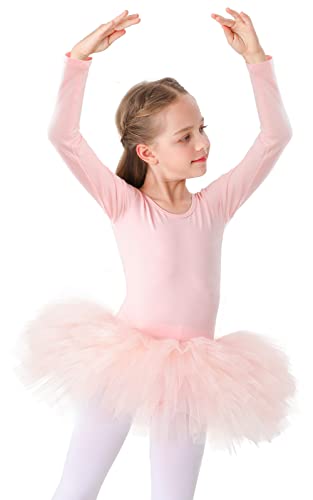 Kinder Ballettkleidung Tütü Ballettkleid Mädchen Baumwolle Balletttrikot Kurzarm Ballettanzug Tanzbody mit Rock (100 (90-100 cm, 2-3 Jahre), Rosa Langarm) von Bezioner