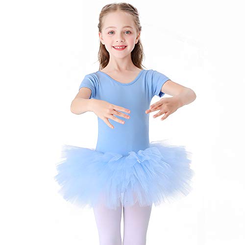Kinder Ballettkleidung Tütü Ballettkleid Mädchen Baumwolle Balletttrikot Kurzarm Ballettanzug Tanzbody mit Rock Blau 100 von Bezioner