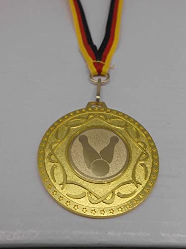 Birsppy 10 Kegeln Medaillen aus Metall 50mm - mit einem Emblem Kegler - Logo - inkl. Medaillen Band - Farbe: Gold - (e237) von Birsppy