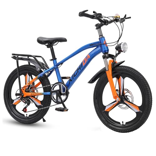 Bueuwe Kinder-Mountainbike für Jungen und Mädchen mit LED-Suchscheinwerfer, 18 20 22 Zoll Fahrrad für 7–16 Jahre, Doppelscheibenbremsen, Variable Geschwindigkeit,Blau,20in von Bueuwe