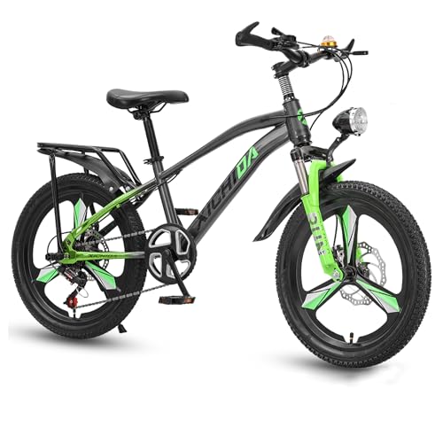 Bueuwe Kinder-Mountainbike für Jungen und Mädchen mit LED-Suchscheinwerfer, 18 20 22 Zoll Fahrrad für 7–16 Jahre, Doppelscheibenbremsen, Variable Geschwindigkeit,Grün,18in von Bueuwe