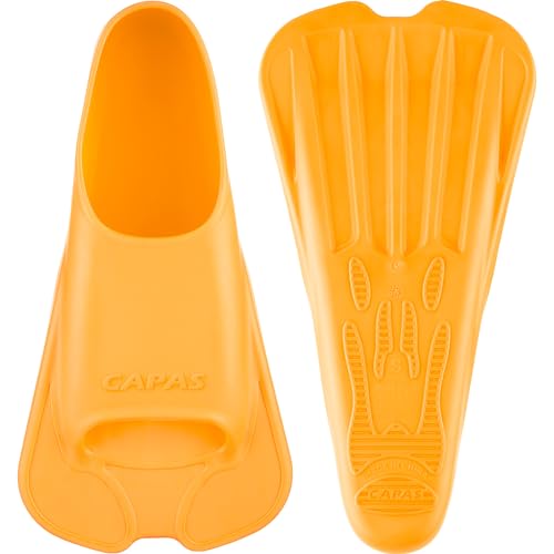 CAPAS Kurze Trainingsflossen für Schwimmen | Komfortable Silikon Schwimmflossen | Kurzflossen | Taucherflossen | Unisex Flossen für Kinder Erwachsene | Kurze Klinge Beinstärke aufbauen (Orange, L) von CAPAS
