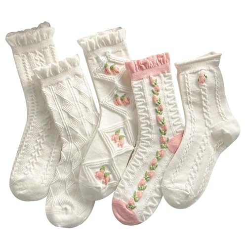 CNAFGBGG 5pairs Rüschensocken süße Socken für Frauen Blumensocken Rüschen atmungsaktiv von CNAFGBGG