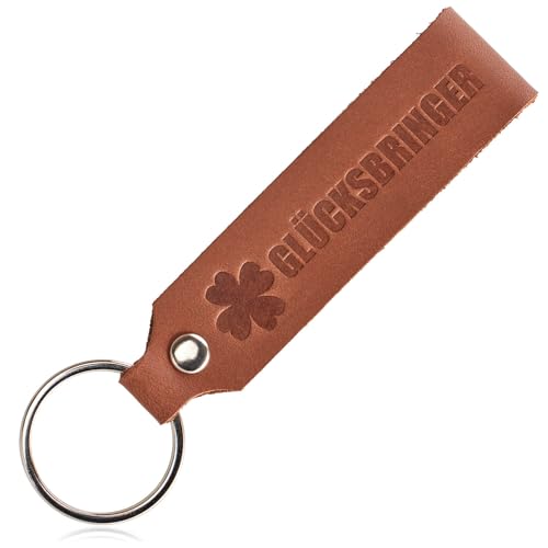 com-four® Schlüsselanhänger aus Leder mit Ring - Echt-Lederanhänger mit geprägter Aufschrift und Schlüsselring - Lederband für den Schlüsselbund - individueller Schlüsselbundanhänger (GLÜCKSBRINGER) von com-four