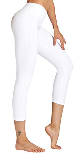 COOLOMG Damen Leggings Yoga Capris 3/4 Hosen Kompression Sport Trainingshose Weiß L von COOLOMG