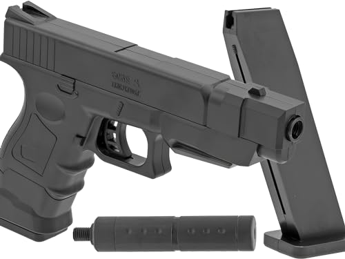 B.W. Softair Gun Airsoft Pistole + Schalldämpfer + Munition | PA66 - Schwarz Voll ABS | 32cm. Inkl. Magazin & unter 0,5 Joule (ab 14 Jahre) von Cadofe
