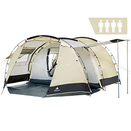 CampFeuer Zelt Super+ für 4 Personen | Sand/Schwarz | Großes Tunnelzelt mit 2 Eingängen und Vordach, 3000 mm Wassersäule | Gruppenzelt, Campingzelt, Familienzelt von CampFeuer