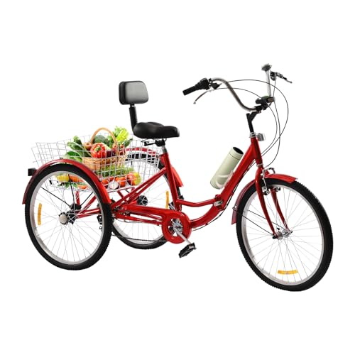 Dreirad für Erwachsene, 24 Zoll 3 Räder Fahrrad mit Rückenlehne und Shopping Korb 3-Räder 7 Gang Fahrrad, Radfahren Fahrrad für Outdoor Sport Shopping, Faltbares Cruise Bikes Dreiräder (Rot) von Caskunbsy