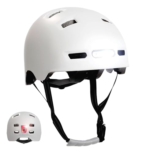 Crazy Safety Vertigo Matt Weiß Fahrradhelm Vorder- und Rücklicht USB| Skater-Helm für Roller, Skateboard, Inline-Skates und BMX-Fahrräder, City-Fahrradhelm für Männer und Frauen | M 54-57cm von Crazy Safety