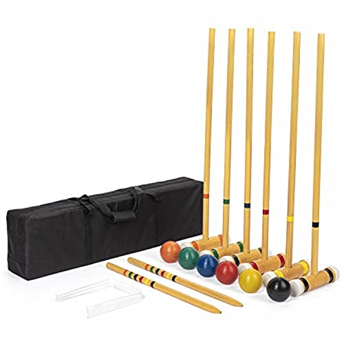 Crown Sporting Goods Deluxe Krocket-Set mit Holzschlägeln, farbigen Bällen und Stabiler Tragetasche von Crown Sporting Goods