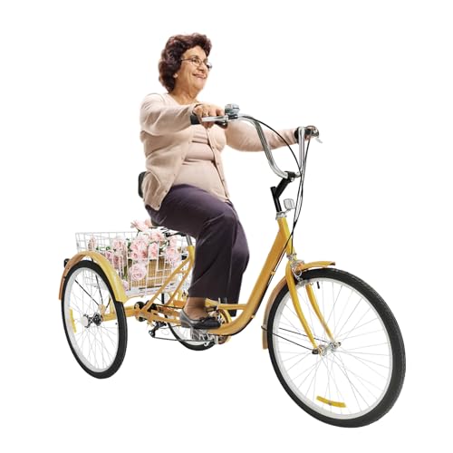 CuCummoo 24 Zoll Erwachsene Dreirad,6 Gang 3 Räder Fahrrad Seniorenrad Tricycle mit Korb & Rückenlehne für Mann, Frau, ältere Menschen und Erwachsenen (Gelb) von CuCummoo