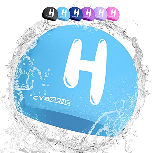 CybGene Silikon Initiale Namen Badekappe für Kinder, Kind Buchstabe Schwimmkappe Bademütze für Kinder Schwimmunterricht-Kleiner Kopfumfang-Blau-H von CybGene