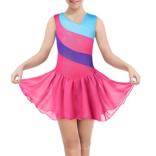 DAXIANG Gymnastik-Turnanzug für Mädchen Lange Ärmel Ärmellose Rainbow Stripes mit Ballett Tüll Kleid Rock (Hotpink, 150(10-11Y)) von DAXIANG