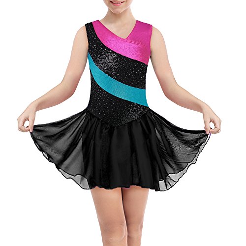 DAXIANG Gymnastik-Turnanzug für Mädchen Longsleeve ärmellose Rainbow Stripes mit Ballett Tüll Kleid Rock (Black(Sleeveless), 100(2-3Y)) von DAXIANG