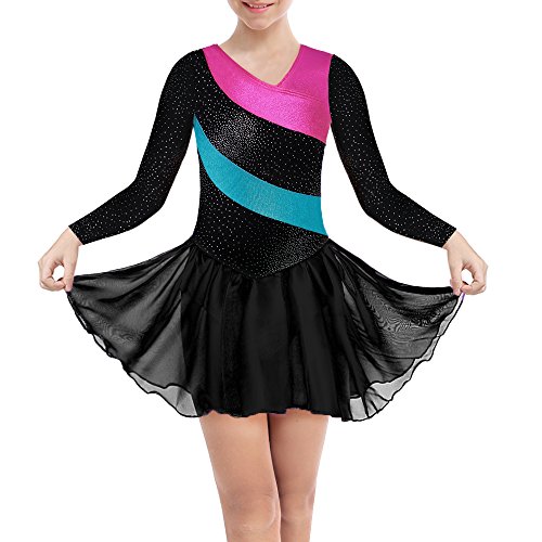 DAXIANG Gymnastik-Turnanzug für Mädchen Longsleeve ärmellose Rainbow Stripes mit Ballett Tüll Kleid Rock (Black, 150(10-11Y)) von DAXIANG