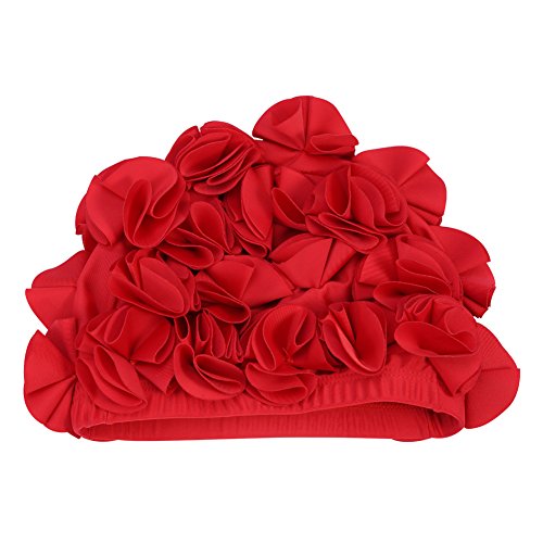 DEWIN Badekappe, Badekappen Retro Blumenblume Mode Elastische Badehut Langes Haar Badekappe für Frauen Kinder (Rot) von DEWIN