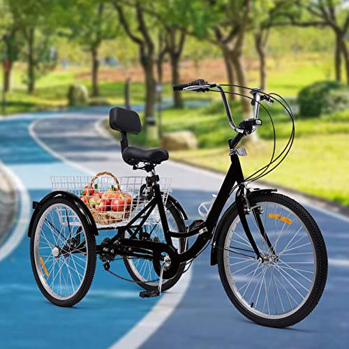 Klappbares Dreirad für Erwachsene, 24 Zoll 7 Speed 3 Wheel Senior Bike Tricycle mit Korb, beleuchteter Rückenlehne und Getränkehalter (Dunkel) von DIFU