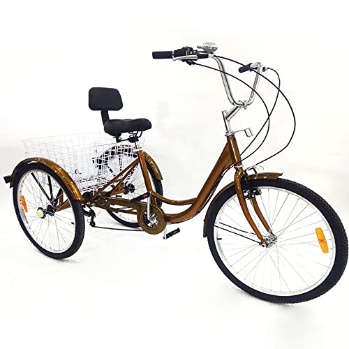 DSYOGX 24 Zoll Dreirad für Erwachsene, 6 Gang Dreiräder Fahrrad mit Einkaufskorb und Rückenlehne Faltbares 3 Räder für Outdoor Unterhaltung, Einkaufen (Gold) von DSYOGX