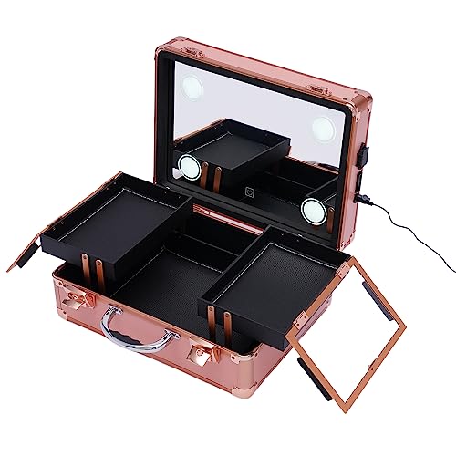 DSYOGX Friseurkoffer Schminkkoffer Groß Kosmetik Aufbewahrungsbox mit 4 Dimmbaren LED-Leuchten und Spiegel für die Aufbewahrung von Kosmetika und Hautpflegeprodukten (Rose Gold) von DSYOGX