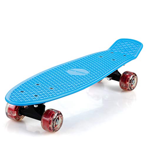 MONZANA® Skateboard 22 Zoll ABEC 7 LED Leuchtrollen Pennyboard Longboard Retro Design Erwachsene Kinder Jugendliche Mini Cruiser 100kg Belastbar von Monzana