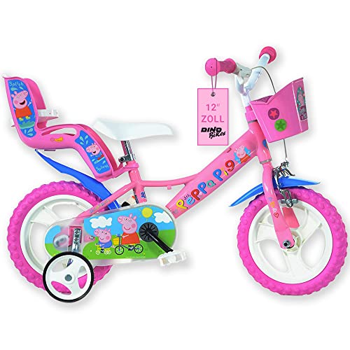 Dino Bikes – 12 Zoll Kinderfahrrad Peppa Wutz Pig – Mädchen Fahrrad mit abnehmbaren Stützrädern ab 2 Jahren – Kinderrad mit Frontkorb & Puppenträger – verstellbare Sattel- & Lenkerhöhe (Pink) von Dinobikes