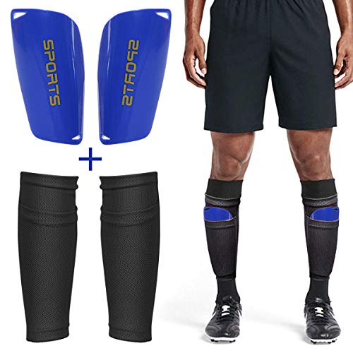 Dokpav Soccer Shin Guard Leggings Socken+Leggings Kunststoff Tasche Fußball Ausrüstung Komfort- Erwachsene Teenager Kinder- Fußball-Wettbewerb Anfänger Leistungssportler (Kind：Schwarz + blau) von Dokpav
