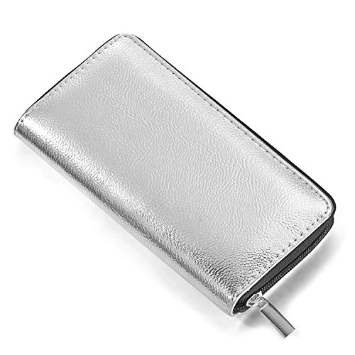 DonDon Damen Geldbörse weich im Metallic-Look mit Reißverschluss Portemonnaie in Silber 20 x 10 x 2,5 cm von DonDon