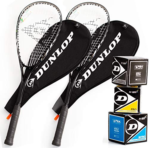 Dunlop Squashset: 2X Squashschläger BIOTEC LITE TI Silver Deluxe + 2X Schlägerhülle + 3 hochwertige Bälle von Redify