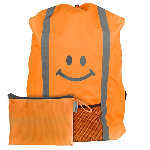 EAZY CASE Rucksack Schulranzen Regenschutz, Schutzhülle mit Reflektorstreifen, Regenüberzug, Regenschutzhülle wasserabweisend mit Reflektor und Tasche mehr Sicherheit im Straßenverkehr, Smiley Orange von EAZY CASE