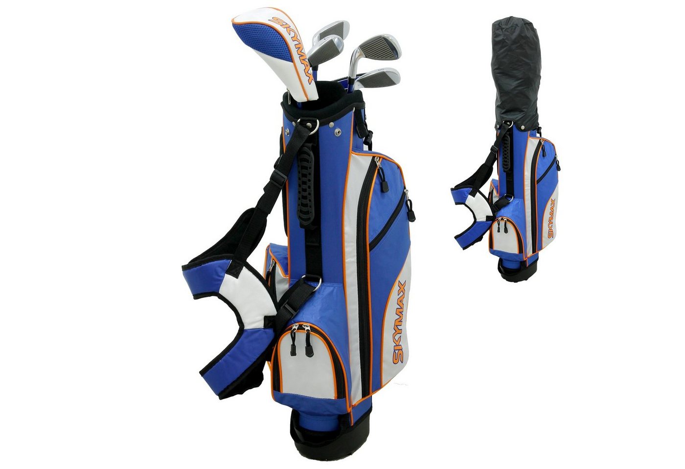 ECD Germany Golftrolley Skymax Junior Set Golf Caddybag Kinderset Golfbag Standbag, Für 6 Golfschlägern Blau-Weiß 6-9 RH mit 4 Fächern Regenschutzhülle von ECD Germany