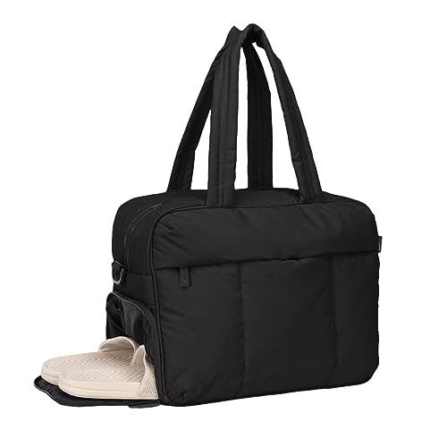 Sporttasche für Damen Gesteppte Nylon-Reisetasche mit Schuhfach Handgepäck Reisetasche Gym Tasche Schwimmtasche Trainingstasche Large Capacity Travel Bag Leichte Trainingstasche (Schwarz) von EHOTER