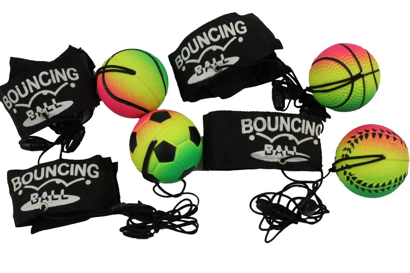 ELLUG Spielball 4er Set Neon-Springball/Returnball/Flummi, Armband & Schnur, Safety Clip, Fußball/Basketball/Tennisball/Baseball Ø6,3cm von ELLUG