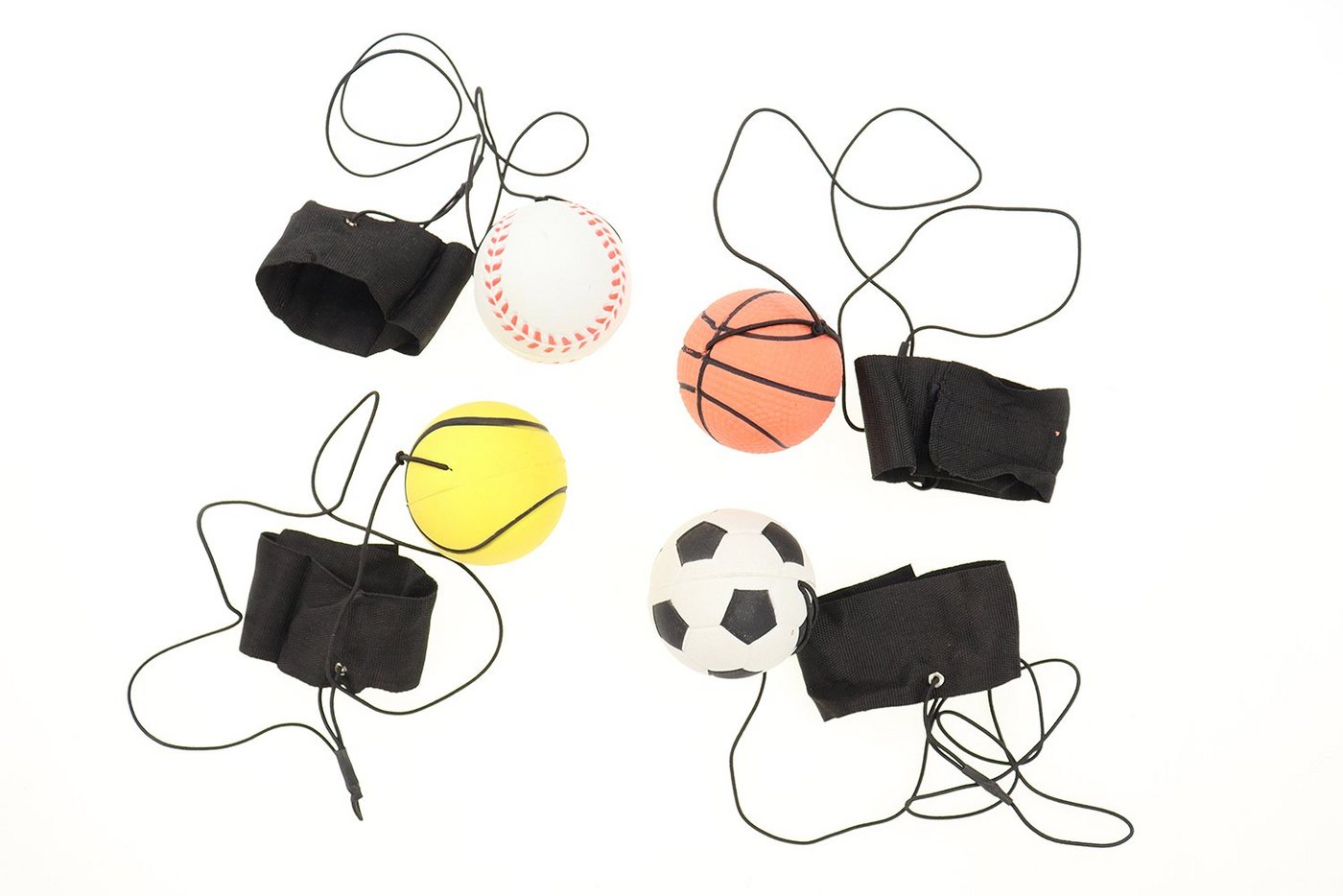 ELLUG Spielball 4er Set Springball/Returnball/Flummi Ø 6cm Armband&Schnur, Fußball/Basketball/Tennisball/Baseball von ELLUG