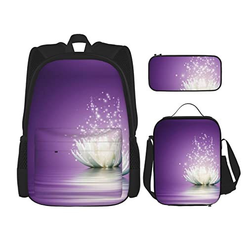 ELRoal Taschenrucksack, Lotusblüte, violetter Druck, Crossbody-Lunch-Tasche, Federmäppchen-Set, multifunktional, tragbar, Lern- und Bürotasche, Schwarz , Einheitsgröße von ELRoal
