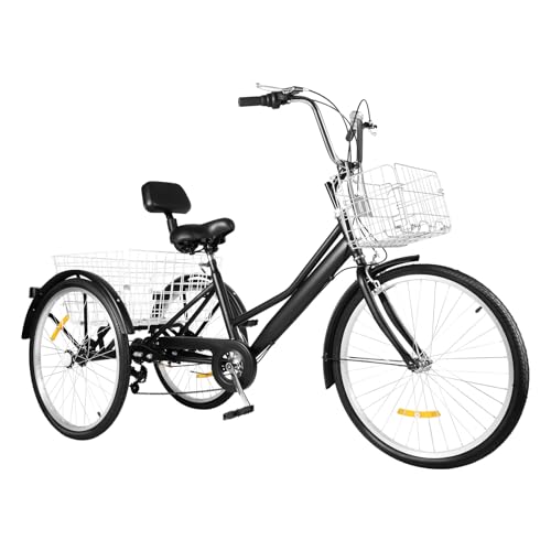 ERnonde 24 Zoll Erwachsene Dreirad, Erwachsene Tricycle 7-Gang 3-Rad Fahrrad mit Einkaufskorb für Erwachsene Senioren Frauen Schwarz von ERnonde