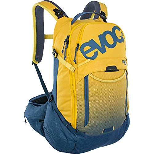 EVOC TRAIL PRO 26l Protektor Rucksack für Fahrradtouren, Backpack (LITESHIELD PLUS Rückenprotektor, leichter Fahrradrucksack, breite Hüftflossen, 3l Trinkblasenfach, Größe: L/XL), Curry/Denim von EVOC