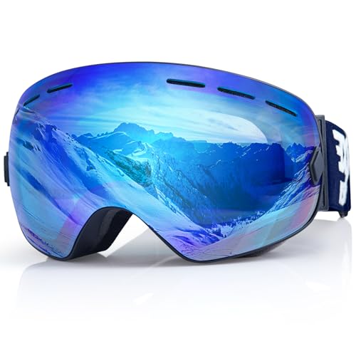 EXP VISION Snowboard Skibrille für Herren Damen Jugend, 100% UV400 Schutz Anti Beschlag über der Brille Winter Schneebrille mit sphärischer abnehmbarer Scheibe (Blue) von EXP VISION