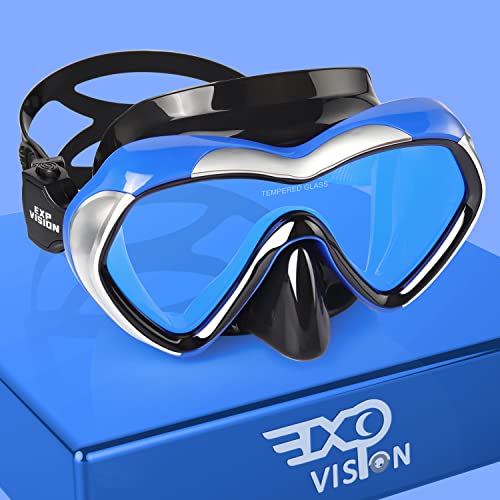 Tauchmaske Panorama HD Schnorchelbrille, Anti-Fog Schwimmbrille Erwachsene Jugend Tauchmaske Schwimmbrille mit Nasenschutz für Tauchen, Schnorcheln, Schwimmen (Blauer Rahmen - Blaue Linse) von EXP VISION