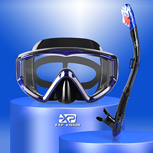 Trockenschnorchel-Set, Pano 3-Fenster-Schnorchelmaske, Anti-Fog-Taucherbrille und Schnorchel, professionelle Schnorchelausrüstung für Erwachsene (Blau) von EXP VISION