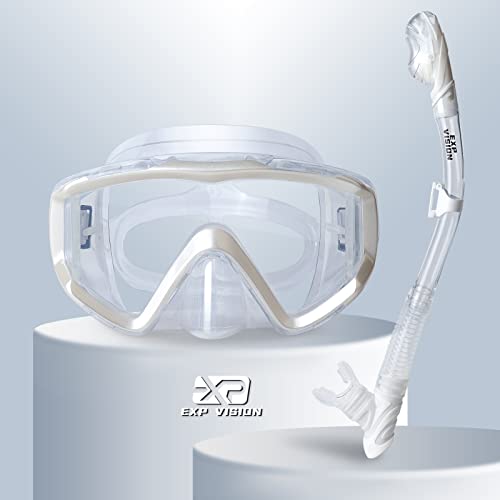 Trockenschnorchel-Set, Pano 3-Fenster-Schnorchelmaske, Anti-Fog-Taucherbrille und Schnorchel, professionelle Schnorchelausrüstung für Erwachsene (Perlweiß) von EXP VISION