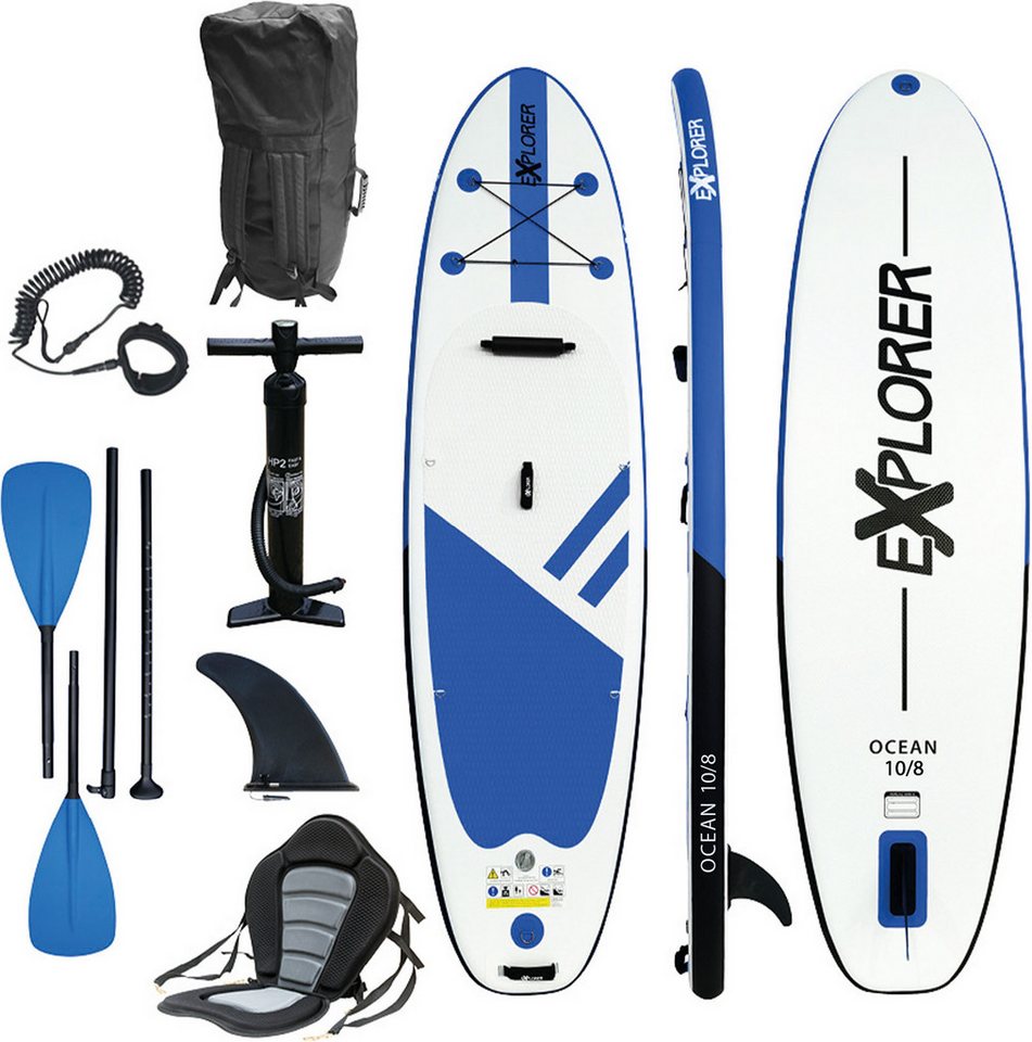 EXPLORER Inflatable SUP-Board Ocean 10‘8“ Aufblasbares Stand Up Paddle Set (325x84x15cm), (Set, 8 tlg., incl. Zubehör, Kajaksitz, Fußschlaufe) von EXPLORER