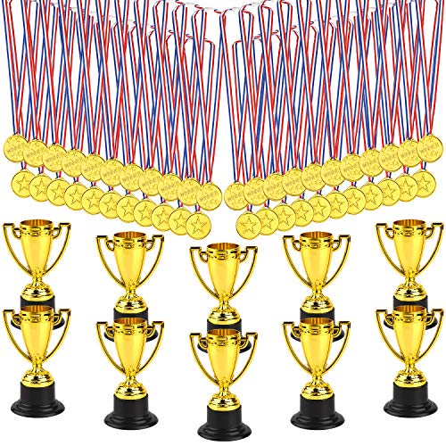 FEPITO 50 teiliges Trophäen Medaillenset, 10-teiliger Goldplastikpokal und 40-teiliges Gewinnergold für Kid Party Sports Awards von FEPITO