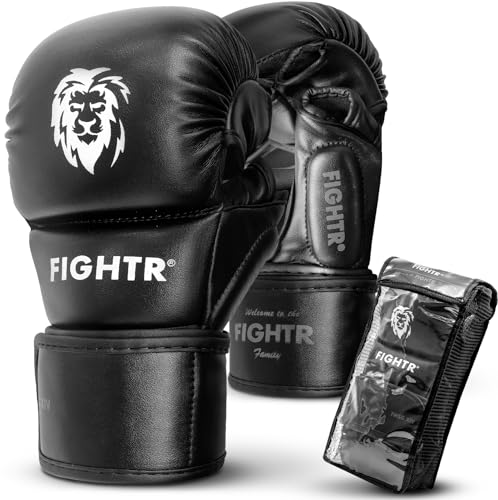 FIGHTR® MMA Sparring Handschuhe mit bestem Sitz für maximale Stabilität | mit extra Dicker Polsterung | für Sparring, MMA, Boxen, Kickboxen & Kampfsport 07 oz | inkl. Tragetasche (Schwarz, M) von FIGHTR