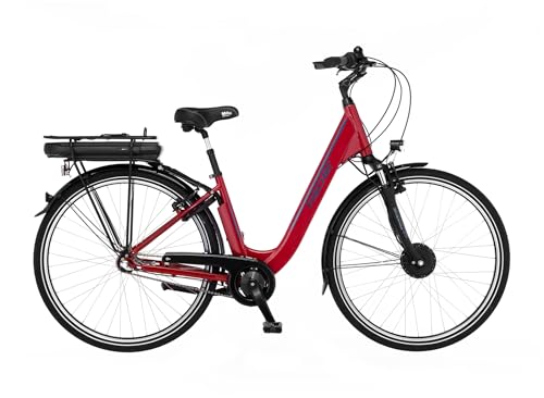 Fischer E-Bike City, CITA 1.0 Elektrofahrrad für Damen und Herren, RH 44 cm, Frontmotor 32 Nm, 36 V Akku, rot glänzend, 28 Zoll von Fischer