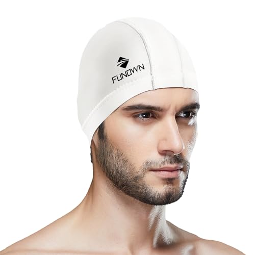 Swimming Cap PU Coated Soft Swimming Cap Ear Protection Swimming Cap Waterproof Swimming Cap for Men Women Long Short Hair (Weiß) von FUNOWN