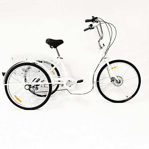 FUROMG 26 Zoll 3 Räder Dreirad für Erwachsene mit Einkaufskorb 6 Gäng Fahrrad Trike Behindertenrad mit Einkaufskorb Weiß von FUROMG
