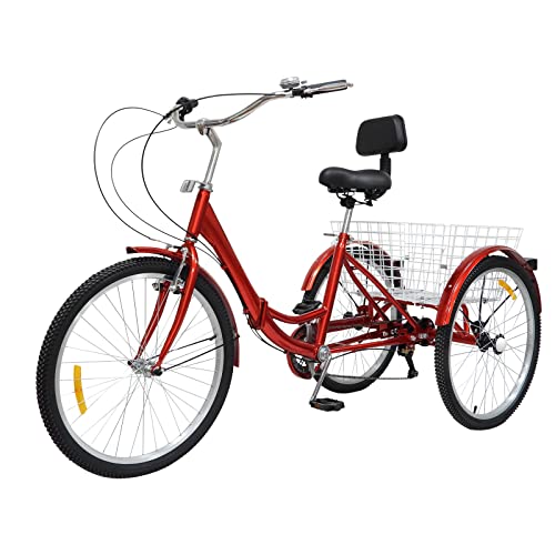 24" Erwachsenes Dreirad 7 Gang, 3-Rad-Fahrrad Faltbar mit Rückenlehne und Einkaufskorb für Erwachsene Senioren (Rot) von Fetcoi