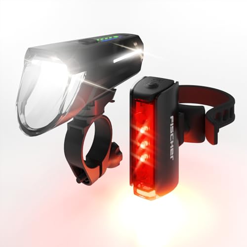 Fischer Fahrrad LED-Akku Beleuchtungs-Set Twin Stop 110 Lux, mit Sensormodus, Leuchtweiteneinstellung, bis zu 8 Stunden Leuchtdauer, schwarz, 1 Stück von Fischer